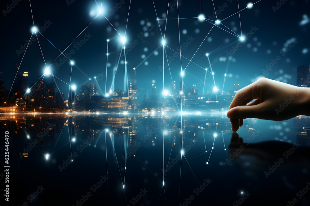 Naklejka premium Human hand touching digital connection concept, dark background. AI generative image