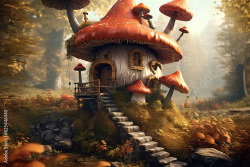 Fairy tale illustration of cute little mushroom house with windows, stairs and door in autumn forest