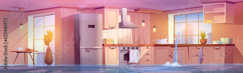 Flood and broken home kitchen room cartoon vector illustration. Abandoned and damage rustic house interior with insurance leak problem background. Sunny ray in window with cityscape view near table