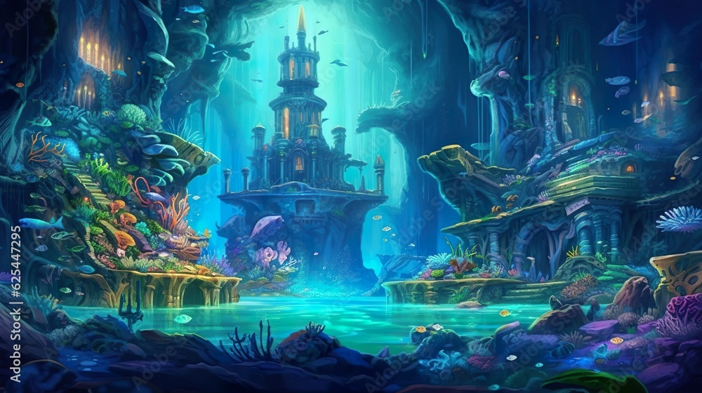 Obraz premium Abstract background Atlantic and underwater world. A mesmerizing banner design featuring an intricately detailed illustration, transporting viewers to a breathtaking underwater realm. Generative AI.