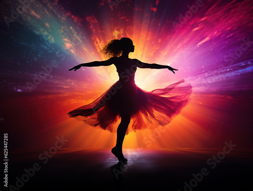 Silhouette of a dancer performing against a vibrant stage light: The graceful movements of a dancer captured in silhouette, with dynamic colored stage lights casting captivating shadows and highlighti