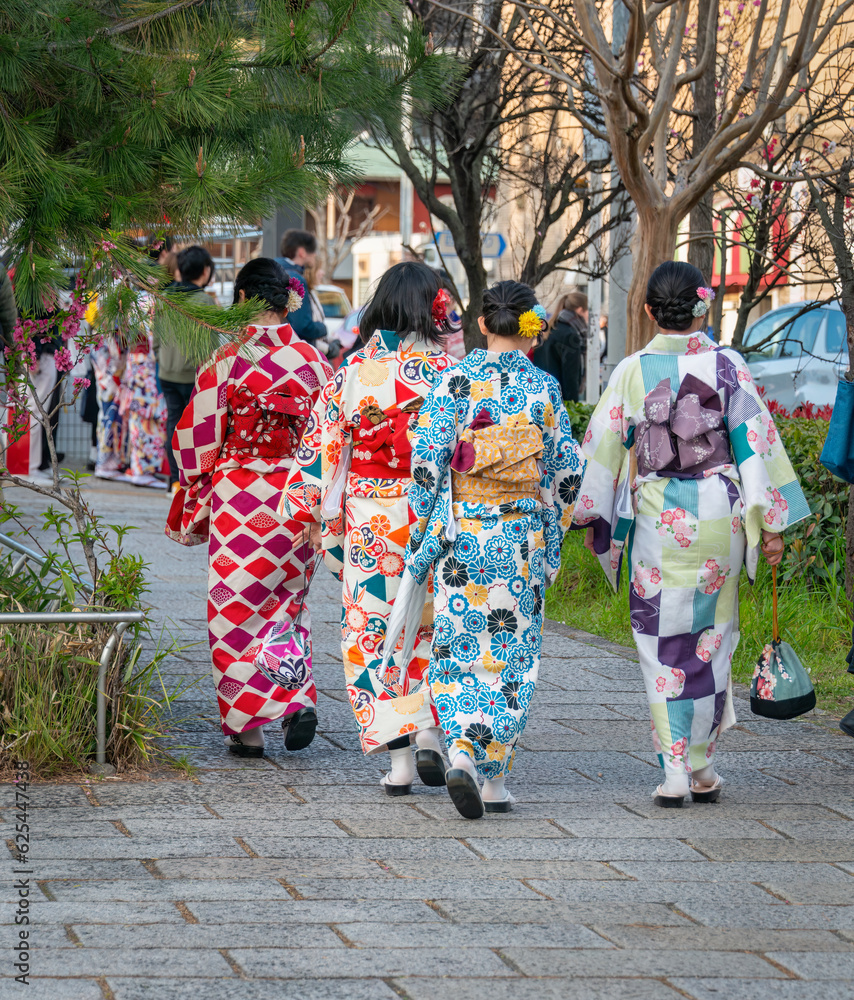 Young women wearing traditional style of the Japan kimono walking on busy Kyoto street. Japan. Vertical format. Young women wearing traditional style of the Japan kimono walking on busy Kyoto street. Japan. Vertical format.