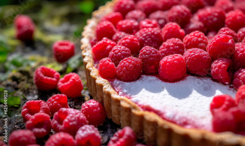 Delicious raspberry tart with cream, powdered sugar on green forest background. Advertisement of homemade desserts, cakes and pies. Generative AI