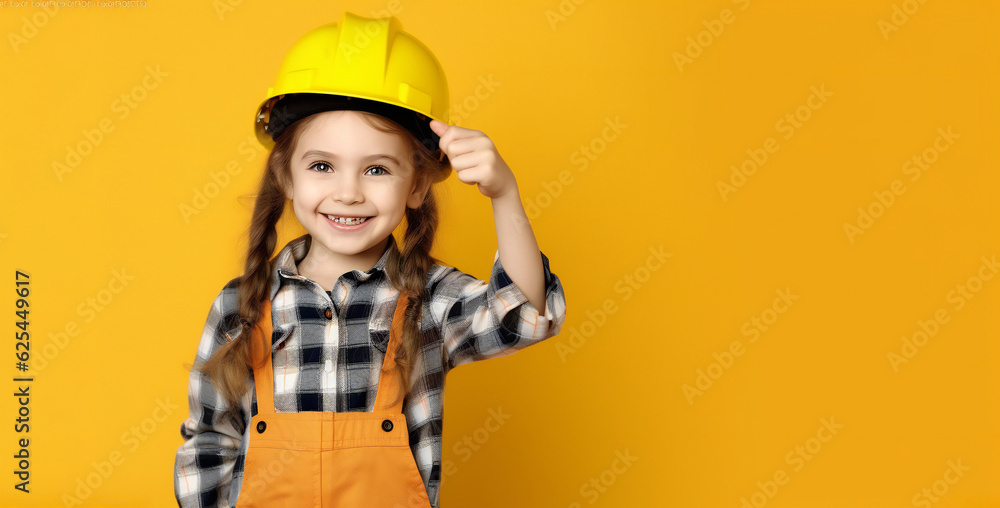 Little girl in a hard hat points to your advertisement on yellow background with copy space
