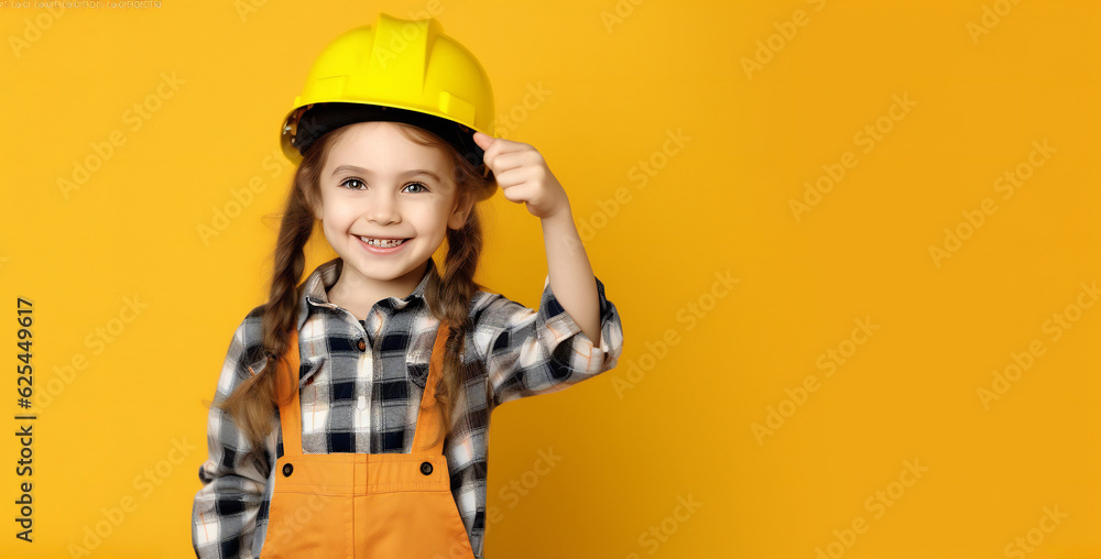 Little girl in a hard hat points to your advertisement on yellow background with copy space Little girl in a hard hat points to your advertisement on yellow background with copy space