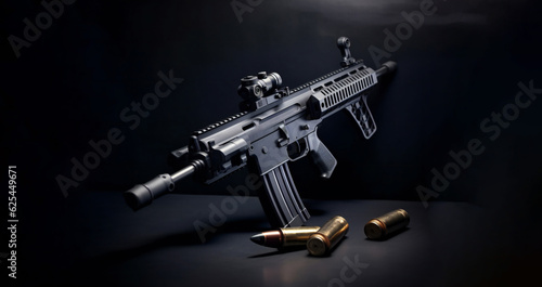 Foto Modern automatic rifle with a silencer and a collimator on black background