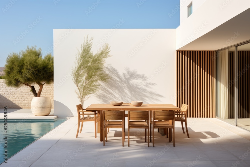 Obraz premium On a sunny day, a valuable modern minimalist villa is adorned with a dining table, chairs, and wooden sun loungers near a swimming pool in its backyard.