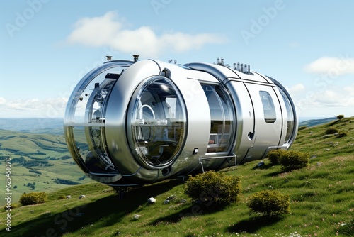 A futuristic house sitting on top of a lush green hillside. Generative AI.