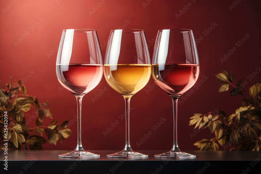 three  glasses of white, red and rose whine 