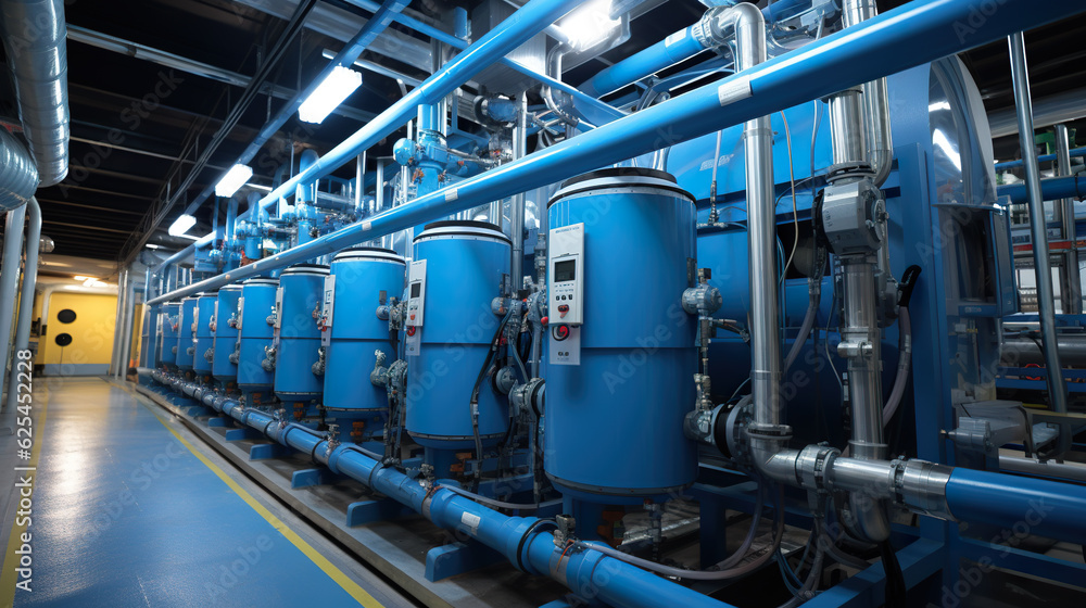 A row of blue pipes and valves in a building. Generative AI. Industrial boiler room and water factory.