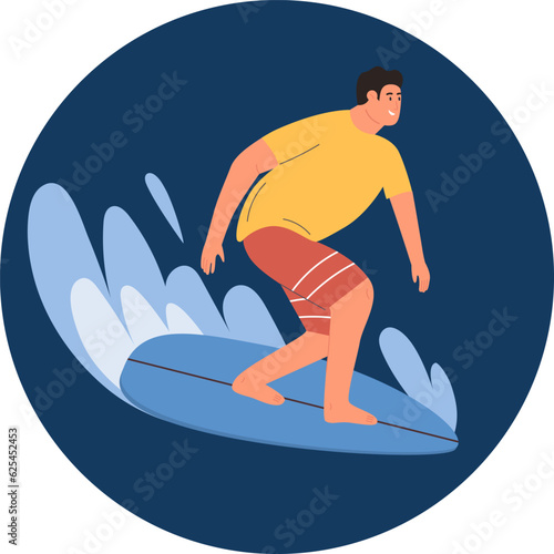 Man surfer catch wave standing on surfboard. Surfing extreme active sport round emblem template. Vector illustration in flat cartoon style