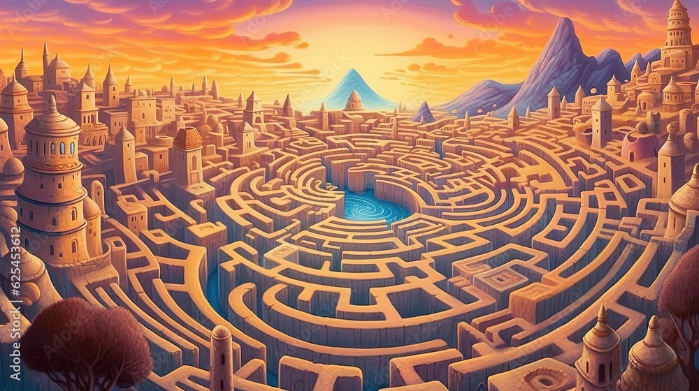 Abstract background labyrinths. An artistically rendered illustration in a banner design, immersing viewers in the intricate pathways and mystical ambiance of a magic labyrinth. Generative AI.