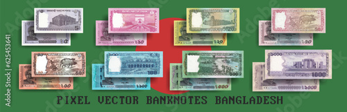 Vector pixelated mosaic Bangladesh banknote set. Notes in denominations of 5, 10, 20, 50, 100, 500 and 1000 Bangladeshi taka. Flyers or play money.