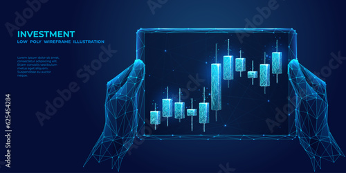 Digital close-up human hand holding tablet with abstract stock market candlestick. First-person view of trading app on technological background. Low poly wireframe vector illustration with 3D effect