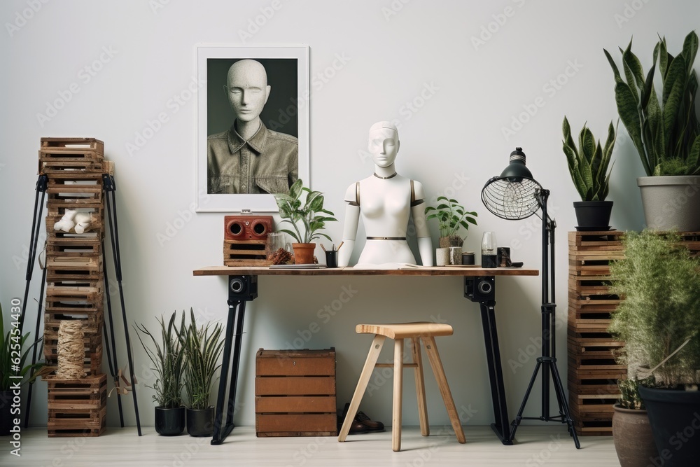 Fototapeta premium Create a visual representation of contemporary home decor using a camera, mannequin, and indoor plant. Showcased alongside is an artists workspace that provides a blank area to exhibit various