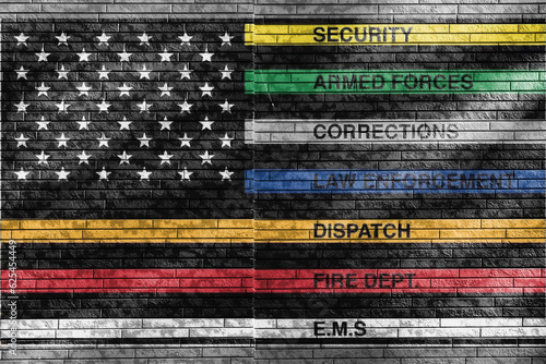 Thin Line First Responder American Flag Thin Line First Responder flag waving at cloudy sky background on sunset, panoramic view. copy space for wide banner.