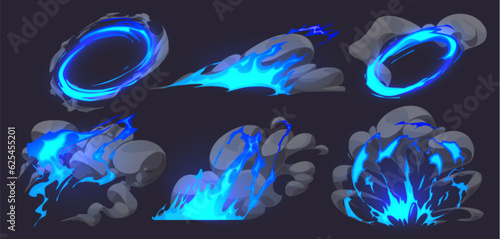 Comic effects with fire and smoke clouds of bomb blast, magic spell, explosion. 2d game vfx elements of burst with blue flame and smoke isolated on background, vector cartoon illustration