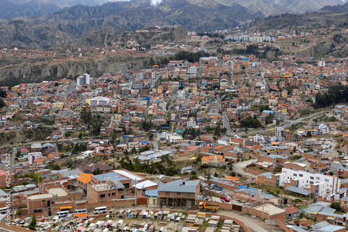View from the scenic road to the landmark Muela del Diablo over the highest administrative capital, the city La Paz and El Alto in Bolivia © freedom_wanted