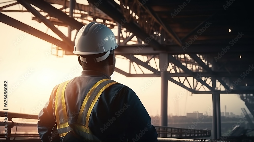 Engineer Technician Watching Team of Workers on High Steel Platform, Engineer Technician Watching Team of Workers on High Steel Platform,