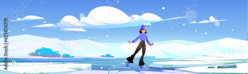 Active young woman ice skating outdoors. Vector cartoon illustration of female character enjoying sports hobby on frozen lake surrounded by snow white hills, clouds in blue sky, scandinavian landscape