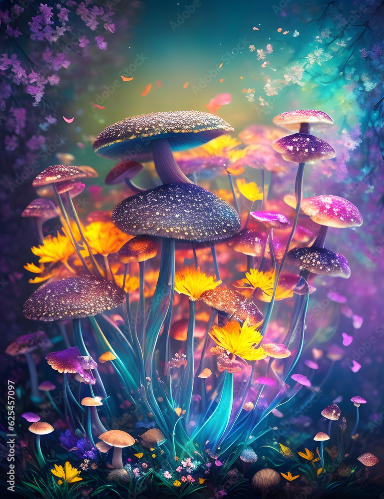 Beautiful Glowing Mushrooms & Flowers background. Detailed Artistic Mushrooms Flowers Magical Glowing background.