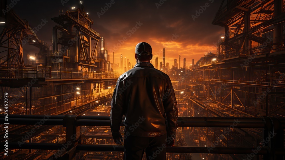 Engineer Technician Watching Team of Workers on High Steel Platform, Engineer Technician Watching Team of Workers on High Steel Platform,