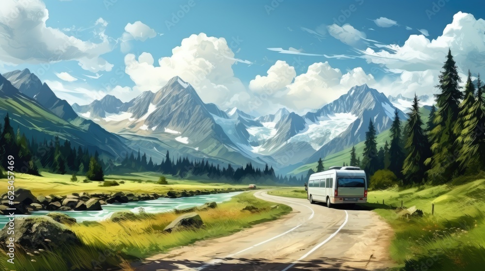 A painting of a bus driving down a mountain road. Generative AI.