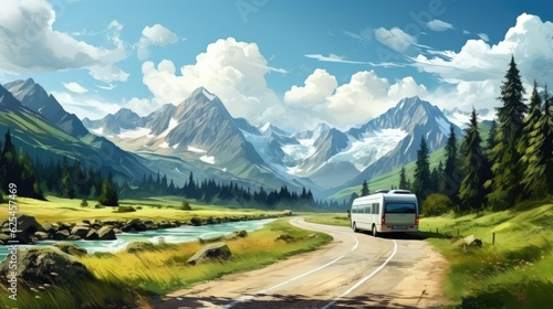 A painting of a bus driving down a mountain road. Generative AI. © tilialucida