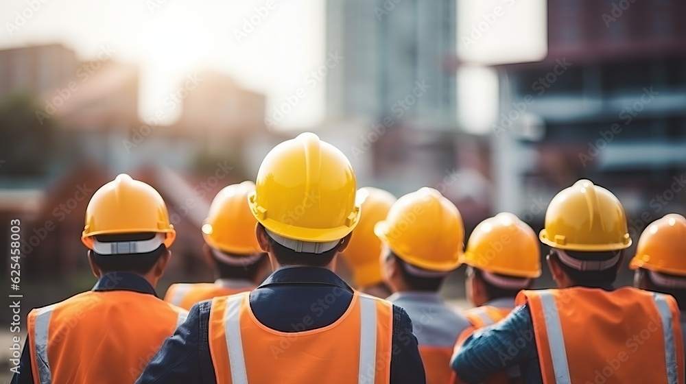 Engineer Technician Watching Team of Workers on High Steel Platform, Engineer Technician Looking Up and Analyzing Unfinished Construction Project.. generative ai. Engineer Technician Watching Team of Workers on High Steel Platform, Engineer Technician Looking Up and Analyzing Unfinished Construction Project.. generative ai.