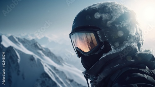 Skier in glasses close-up, background of snow-covered ski peaks of the mountains. AI generated.