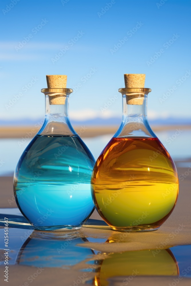 A couple of bottles sitting on top of a sandy beach. Generative AI. A couple of bottles sitting on top of a sandy beach. Generative AI.