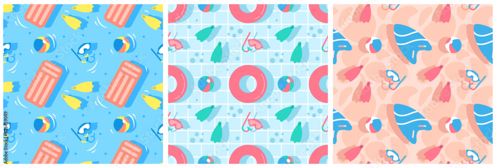 Obraz premium Set of Swimming Pool Seamless Pattern Vector Illustration with Summer Vacation Element in Flat Cartoon Template Hand Drawn
