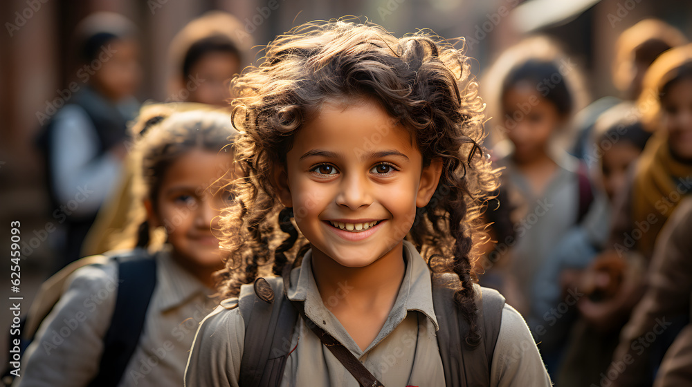 school children Smiling child looking at camera with friends in the background Generative AI school children Smiling child looking at camera with friends in the background Generative AI