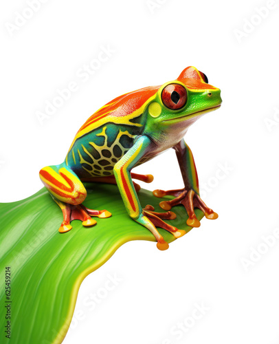 A colorful spotted frog sitting on top of a green leaf on transparent background. Botanical png element.