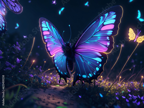 Neon Glow Butterfly Octane Render Dreamcore Night Sparkle Background. Nightlight, Moonlight, Flowers, Glowing Butterflies, Beautiful Magical background. © usman