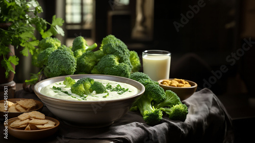 Banner of bowl of healthy broccoli cream soup, vegetables, glass of drink, ingredients in background. Banner or poster for healthy food or vegan advertising photo