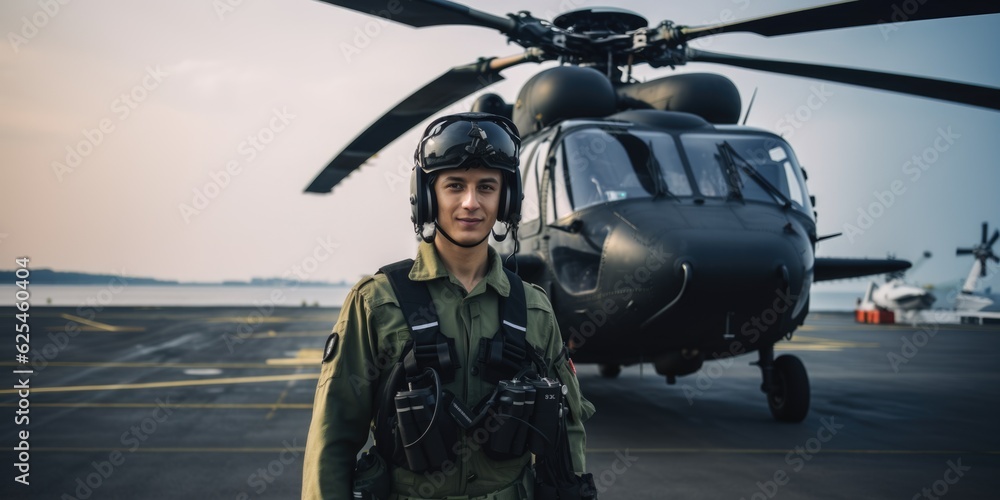 Portrait of a helicopter pilot with a helmet in front of the helicopter Portrait of a helicopter pilot with a helmet in front of the helicopter