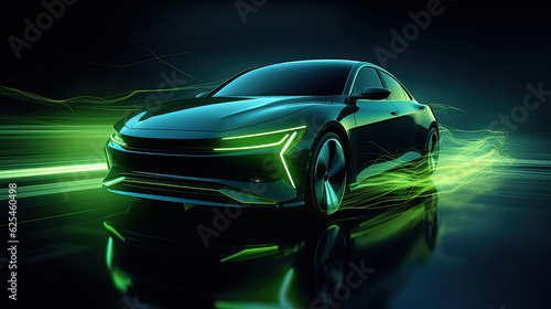 Green neon light motion glowing in the dark electric car on high-speed running concept. Fast EV silhouette.