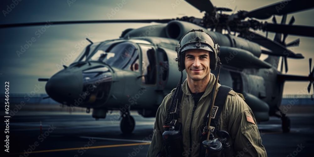 Portrait of a man helicopter pilot with a helmet in front of the helicopter Portrait of a man helicopter pilot with a helmet in front of the helicopter