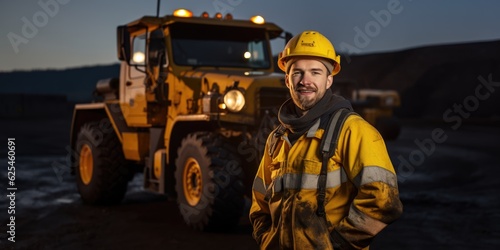 Portrait of a man coal miner worker with a helmet in front of the truck