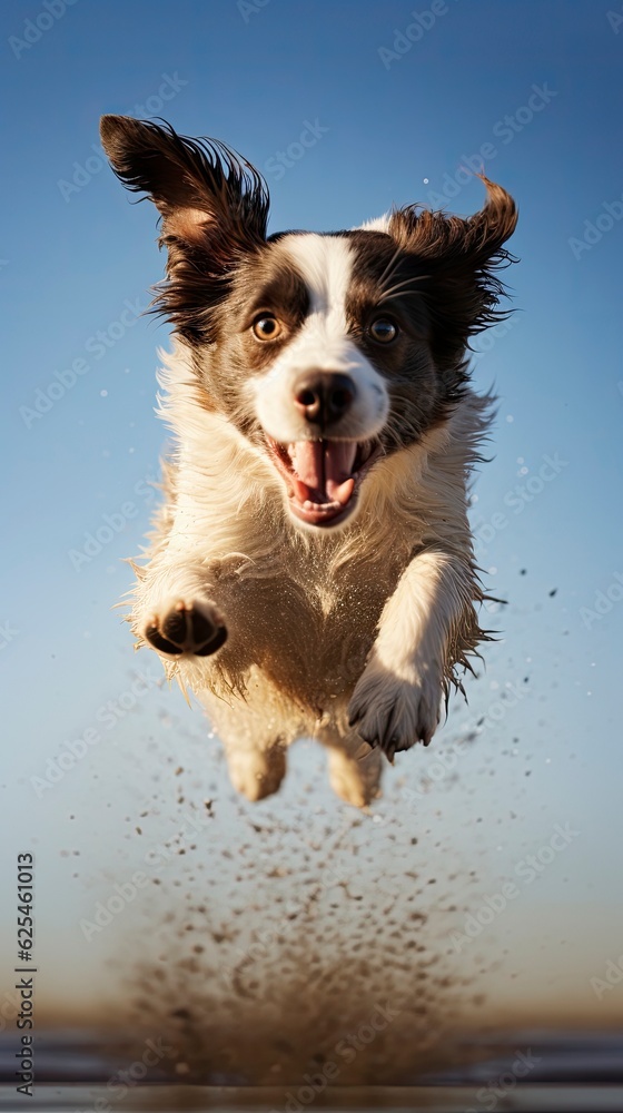 jumping dog on sky background, phone wallpaper, 8K photography, AI generation