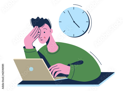 Exhausted man tired sitting at her workplace. Concept of emotional burnout, stress, tiredness, mental health problems.
