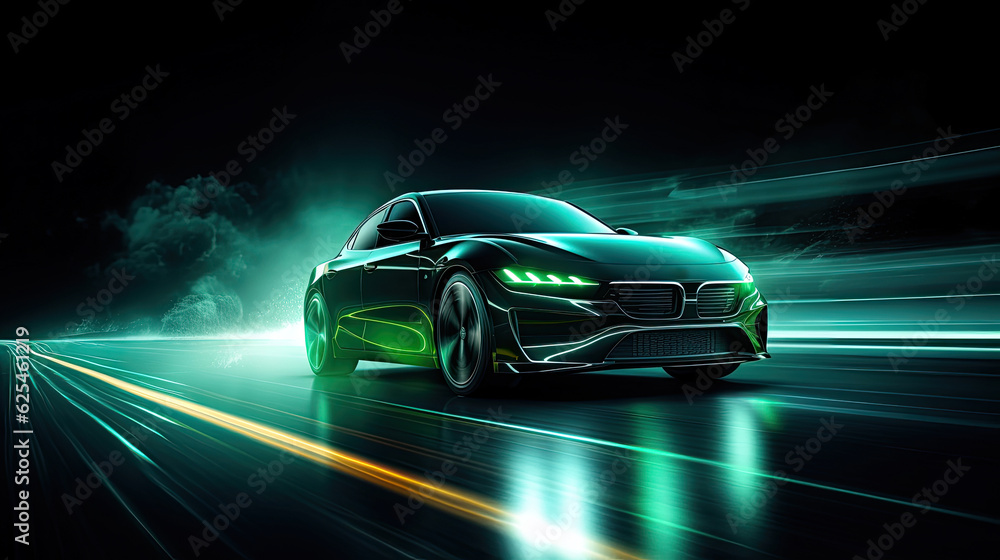 Green neon light motion glowing in the dark electric car on high-speed running concept. Fast EV silhouette. Green neon light motion glowing in the dark electric car on high-speed running concept. Fast EV silhouette.