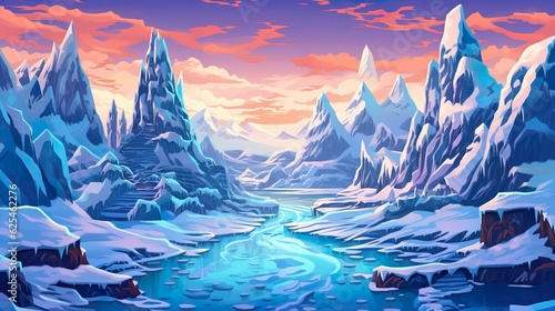 Abstract background lands of eternal snow. A mesmerizing banner design featuring an intricately detailed illustration with enchanting realm of a snowy landscape. Generative AI.