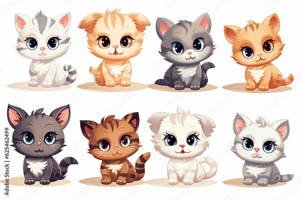Collection of Cartoon Cute Cats. Generative AI.