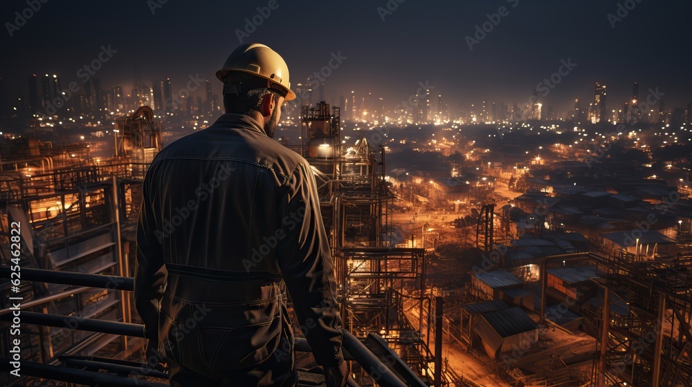 Engineer Technician Watching Team of Workers on High Steel Platform, Engineer Technician Watching Team of Workers on High Steel Platform,
