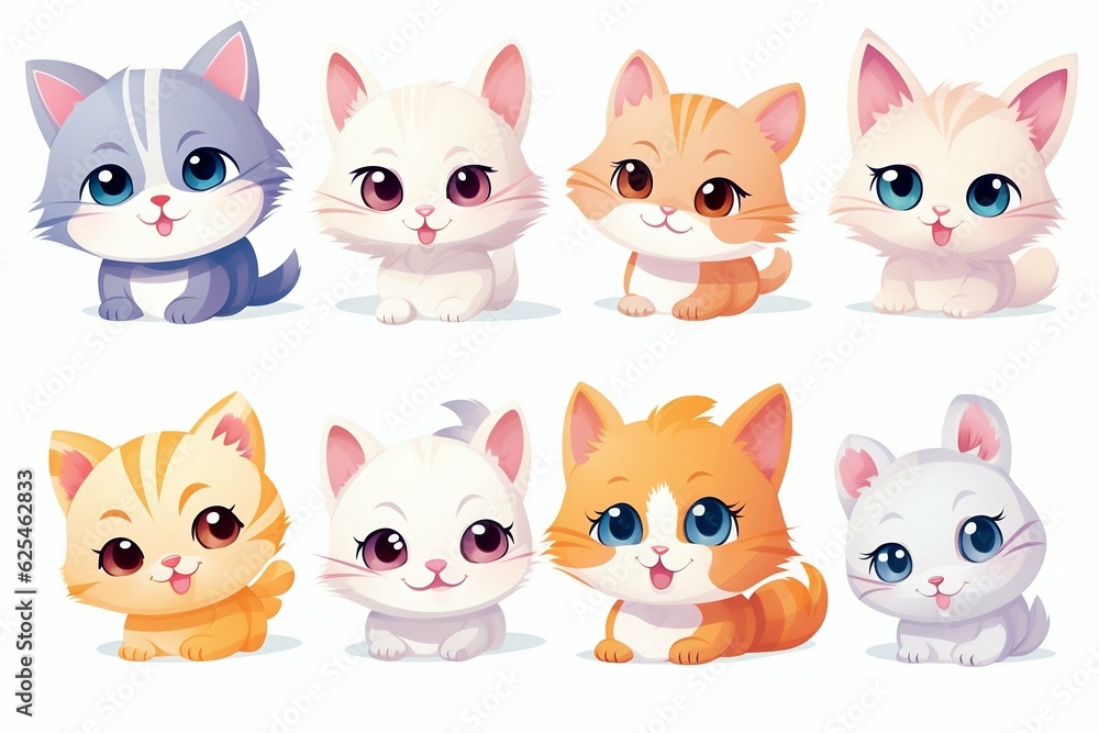 Collection of Cartoon Cute Cats. Generative AI.