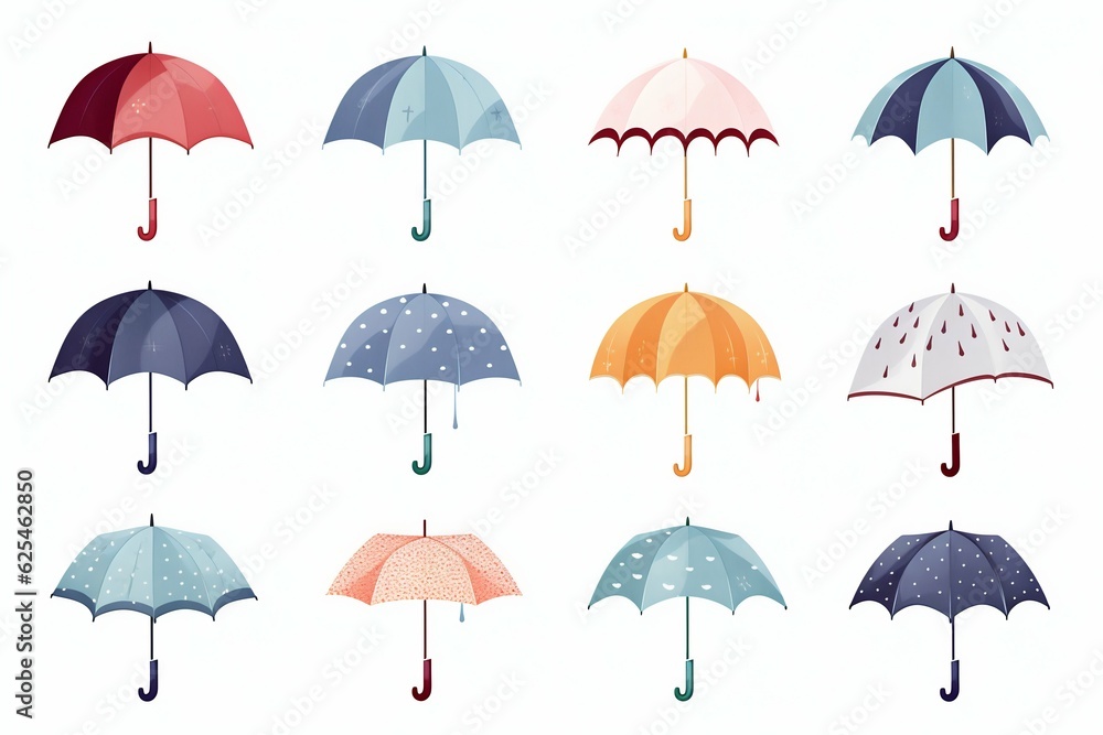 Collection of Cartoon Umbrellas on White Background. Generative AI. Collection of Cartoon Umbrellas on White Background. Generative AI.