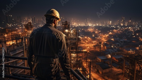  Engineer Technician Watching Team of Workers on High Steel Platform, 