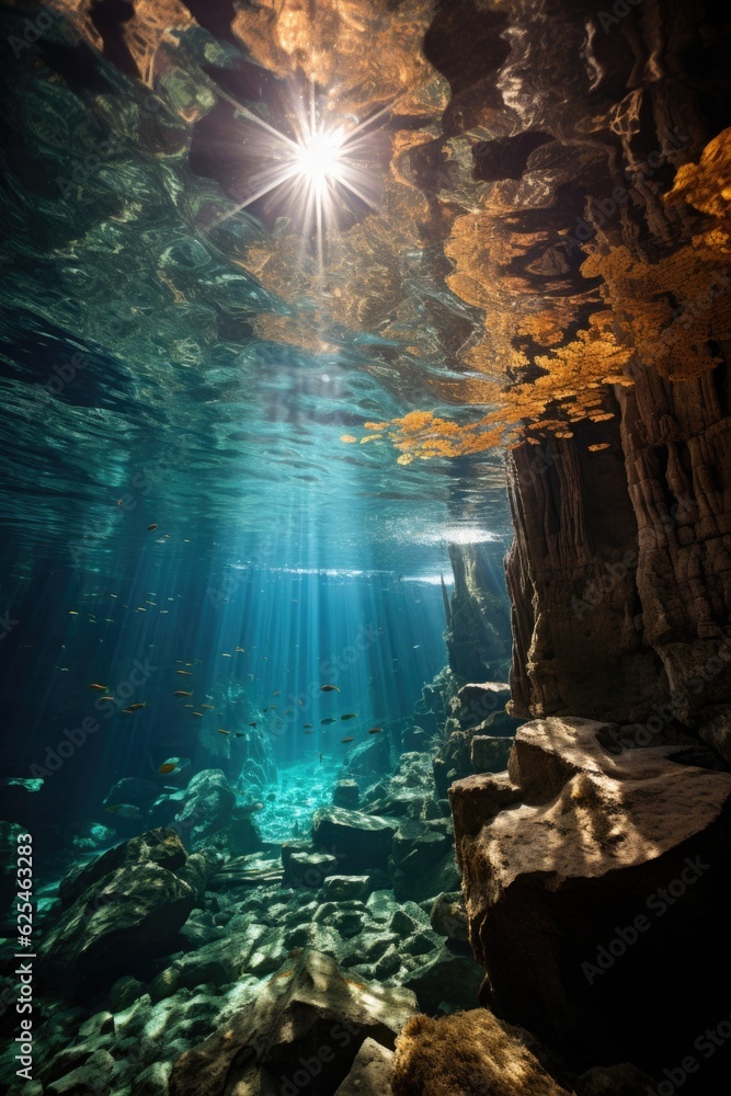 Fototapeta premium The sun shines through the water in a cave. Generative AI.